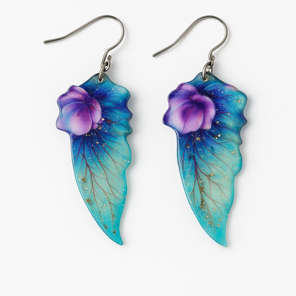 Fairy Butterfly Wings Earrings • Cyan • Gold Leaf & Sparkling Dust
