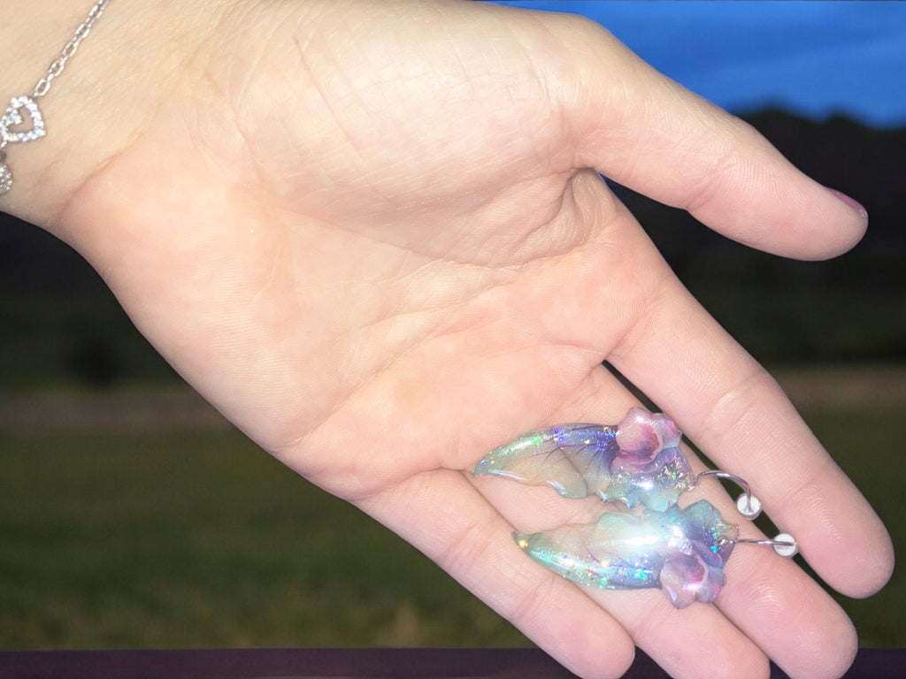 Fairy Butterfly Wings Earrings • Cyan • Gold Leaf & Sparkling Dust